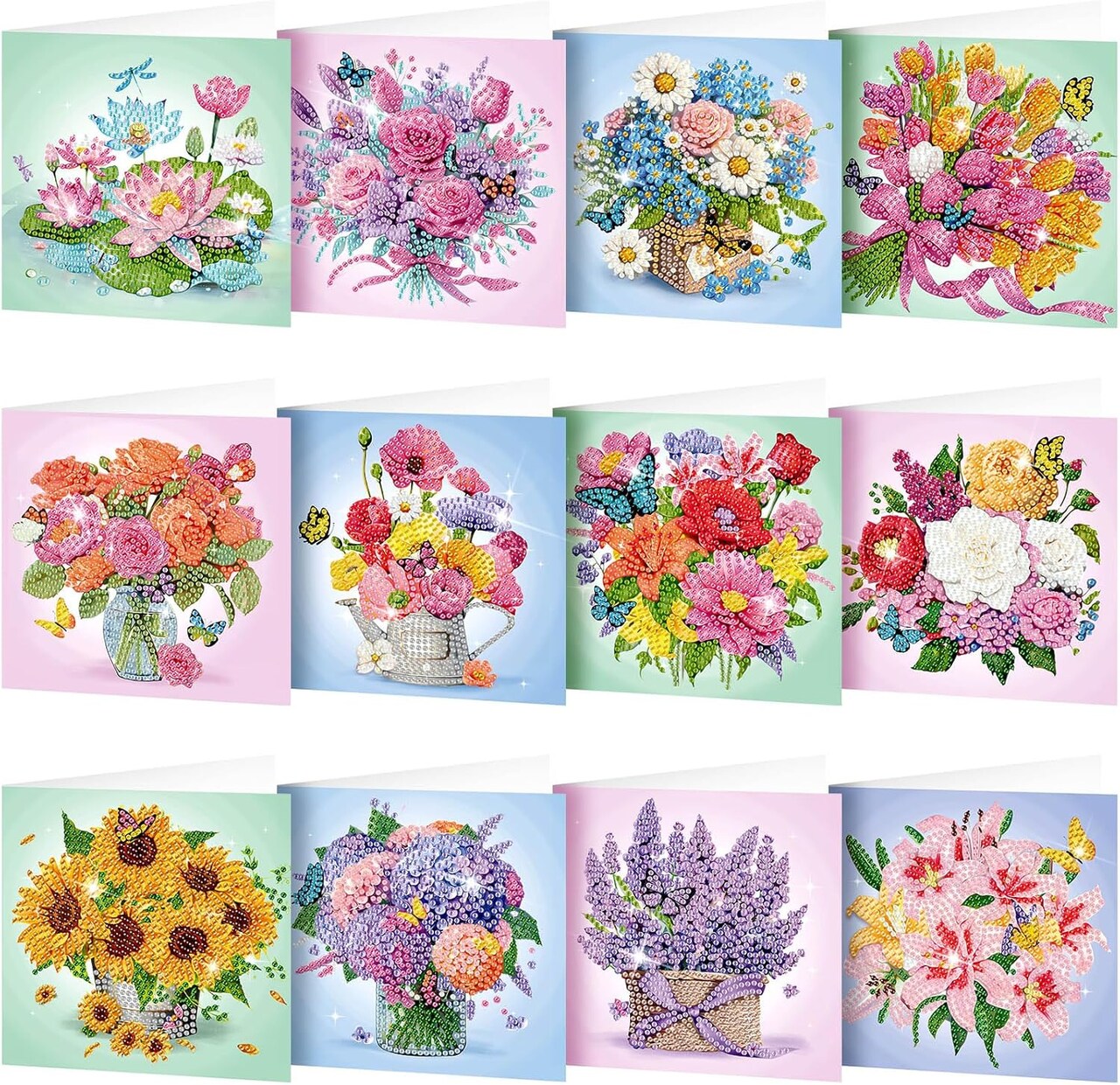 12-Pack DIY 5D Diamond Painting Greeting Cards – Pastel Floral Rhinestone Art Kits with Envelopes, Handmade Craft for Adults & Kids, Birthday & Special Occasion Gifts